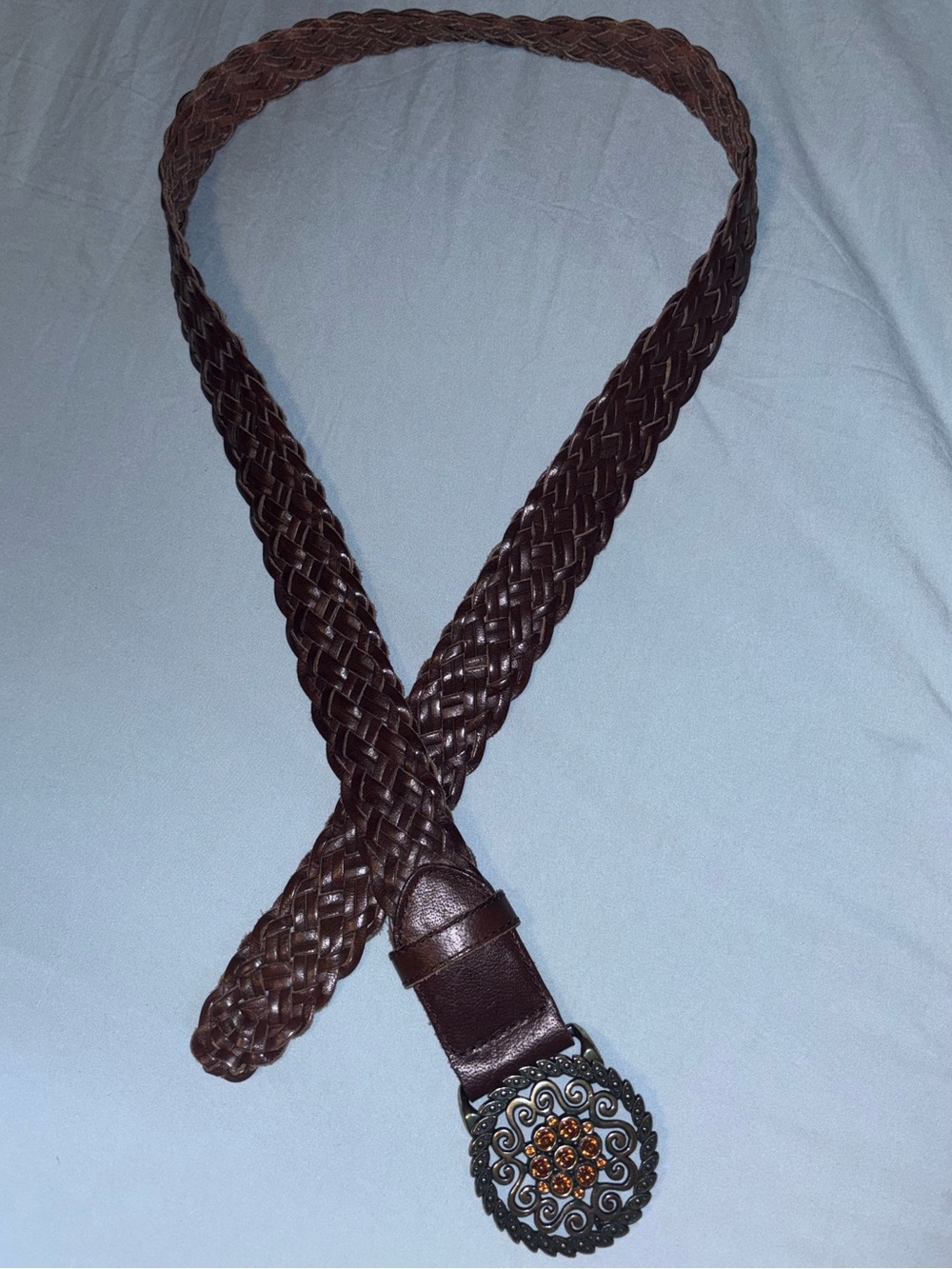Genuine Leather Braided Belt Brown Western Boho Ornate Buckle M/L 43”